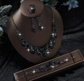 Elegant 4-piece bridal jewelry set with black crystal teardrop necklace and earrings - Black Necklace Earrings Bracelet Ring (05 All Black 4-piece)