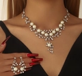 Silver bridal jewelry set with white pearls and rhinestones on a female model - Artificial Pearl Silver Necklace Earrings (01 Silver White)