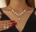 Elegant gold bridal jewelry set featuring layers of white pearls and sparkling rhinestones - Artificial Pearl Gold Necklace Earrings (01 Gold White)