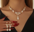Golden bridal jewelry set with white pearls and rhinestones worn by a model - White Artificial Pearl Gold Necklace Earrings (06 Gold White)