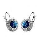 Elegant deep blue halo crystal earrings with silver lever-back closure in round design - Silver and Dark Blue