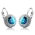 Elegant lever-back earrings with a round blue crystal and white cubic zirconia halo - Silver Sea Blue