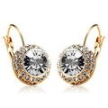 Elegant gold leverback earrings with round-cut crystals and halo pavé diamond accents - Gold+White