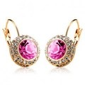 Leverback earrings with faceted pink crystal and white zircon halo in rose gold plating - Gold + Rose Red
