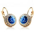 Elegant gold earrings with round blue crystal center and sparkling halo in lever-back style - Gold and Navy Blue
