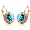Elegant gold leverback earrings with round blue crystal and sparkling diamond halo - Gold + Sea Blue