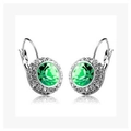 Elegant lever-back earrings featuring round emerald green crystals with a halo of small white stones - Silver Green