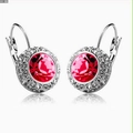 Classic lever-back earrings with large round rose red crystal and white zircon pavé - Silver Red