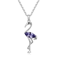Elegant flamingo pendant necklace in silver with purple teardrop crystal on white background - Violet