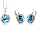 Parure de bijoux argentée élégante avec collier en cristal bleu rond et boucles d'oreilles - Aigue-marine