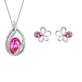 Elegante conjunto de joyas plateadas con collar de gota rosa y pendientes de flores - Rosa Roja