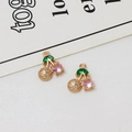 Macro detail of gold cherry pendant with pink and green zircon stones for DIY jewelry - 12*14mm / Pink and Green Cherry (04#)