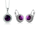 Parure de bijoux en cristal violet avec collier à pendentif rond et boucles d'oreilles levier - Violet foncé