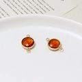 Double-hole amber round birthstone charm with golden metal setting for DIY jewelry - Coffee