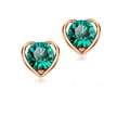 Elegant heart-shaped rose gold stud earrings with large green crystal faceted center stones - Malachite green