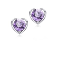 Elegant silver heart earrings with a central purple round-cut crystal on a white background - Light Purple