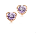 Elegant rose gold heart earrings featuring round multifaceted purple crystals on white - Gold with Purple