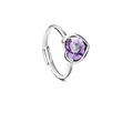 Silver heart-shaped ring with a purple crystal gemstone and adjustable open band design - Ring / Purple