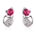 Süße Katzen-Ohrstecker mit rosaroten Kristallen und funkelnden klaren Strasssteinen besetzt - Silberne Basis Rosenroter Strass / Fuchsia