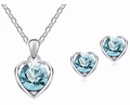 Schmuckset aus Silber mit hellblauem Kristallherz-Halskette und passenden Ohrsteckern - Aqua