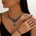 Luxus-Brautschmuckset in Silber mit schwarzen Strass-Tropfen und V-Halskette in Set - Silber Schwarz Halskette Armband Ohrringe und Ring