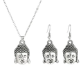 Vintage silver alloy buddha head necklace and hook earrings jewelry set on white background - Necklace And Earrings