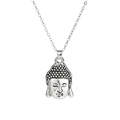 Retro Buddha head pendant necklace with silver link chain on white background - Necklace