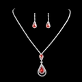 Elegant bridal jewelry set with red teardrop gemstones and necklace in silver finish - Necklace and Earrings Set (670) / Red