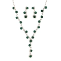 Detailed view of silver necklace and earrings set with emerald green crystals and diamonds - Gold Green Two-piece Set