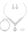 Detailopname van zilverkleurige bruidssieradenset met V-vormige ketting en druppelkristallen - Zilverkleurige Teardrop Ketting Oorbellen Armband & Ring Set (501 + Dubbele Rij Bloemen Armband + Ring)