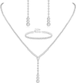 Silver sunflower rhinestone jewelry set with V-shaped necklace, earrings and bracelet - 446 Collection With Single Row Bracelet