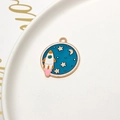 Cartoon space rocket planet pendant in blue enamel with gold plated border charm - Rocket and Moon (03#)