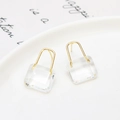Macro shot of square transparent crystal glass lock earrings with golden frame detail - Stud Earrings / White