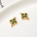 Gold plated copper four-leaf flower connectors with green zircon for DIY jewelry - Green