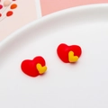 Cute resin red and yellow heart stud earrings displayed on white ceramic tray - Overlapping Heart Shape (10#)