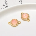 Pink opal glitter charm in gold plated copper with zircon accents and double loops - Pink
