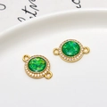 Gold-plated round green opal connector charm with zircon halo for DIY jewelry making - Green