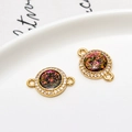 Gold-plated round jewelry connectors with glitter resin and cubic zirconia stones - Black