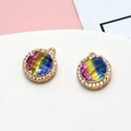 Golden round pendant with gradient rainbow gemstone and white zircon halo for DIY jewelry - Blue Yellow Pink Gradient