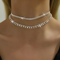 Collier ras du cou argenté double rang avec franges en strass et pendentif - Collier (G0183)