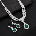 Elegant silver jewelry set with emerald green pear-cut crystals and necklace - Green (G300)