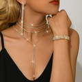 Exaggerated gold multi-layer rhinestone necklace set with long tassel earrings and bracelet - Gold (84869102)