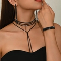 Chic black rhinestone jewelry set including multi-layered tassel necklace and earrings - Black (84869111)
