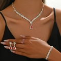 Elegante set di gioielli in argento con pietre rosse a goccia inclusi collana e anelli - Collana Orecchini Anello Braccialetto / Rosso