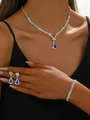 Bruidssieraden set met peervormige blauwe edelstenen aan de ketting en oorbellen - Zilver Blauw 3-delige Set (G229+Dubbele Rij Armband)