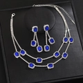 Elegant square sapphire blue jewelry set with double layer necklace and tassel earrings - Double Layer Square Main Stone Style (G390) / Silver Blue