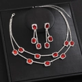 Luxurious double-layer necklace and red rectangular gemstone drop earrings set - Double Layer Square Main Stone Style (G390) / Silver Red
