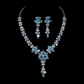 Detail of bridal jewelry set with sky blue crystals and silver leaf patterns on black - Aquamarine Rhinestone Silver Plated