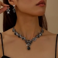 Elegante set di gioielli da sposa in argento con cristalli neri e design a forma di foglia - Set di gioielli (G394) / Nero