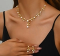 Elegant gold bridal jewelry set with pearls and crystal vine leaves on model - Vine Pearl Style / Gold White (04)